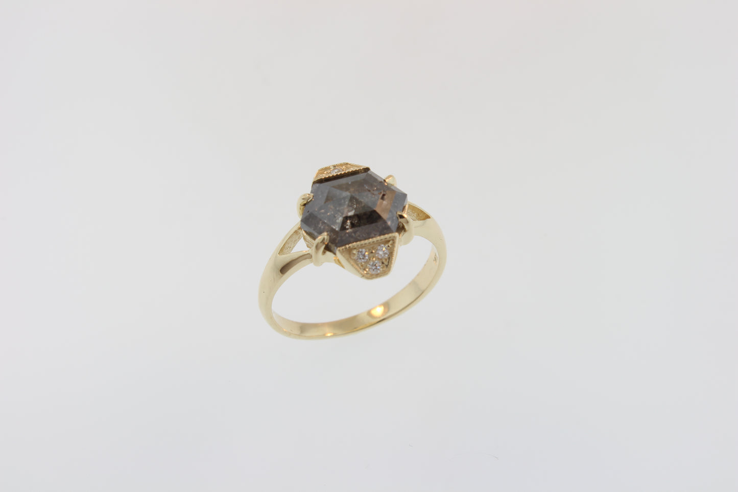 Rose cut Salt-and-Pepper Diamond ring. 14k yellow gold, with sparkling white diamond melee accents.